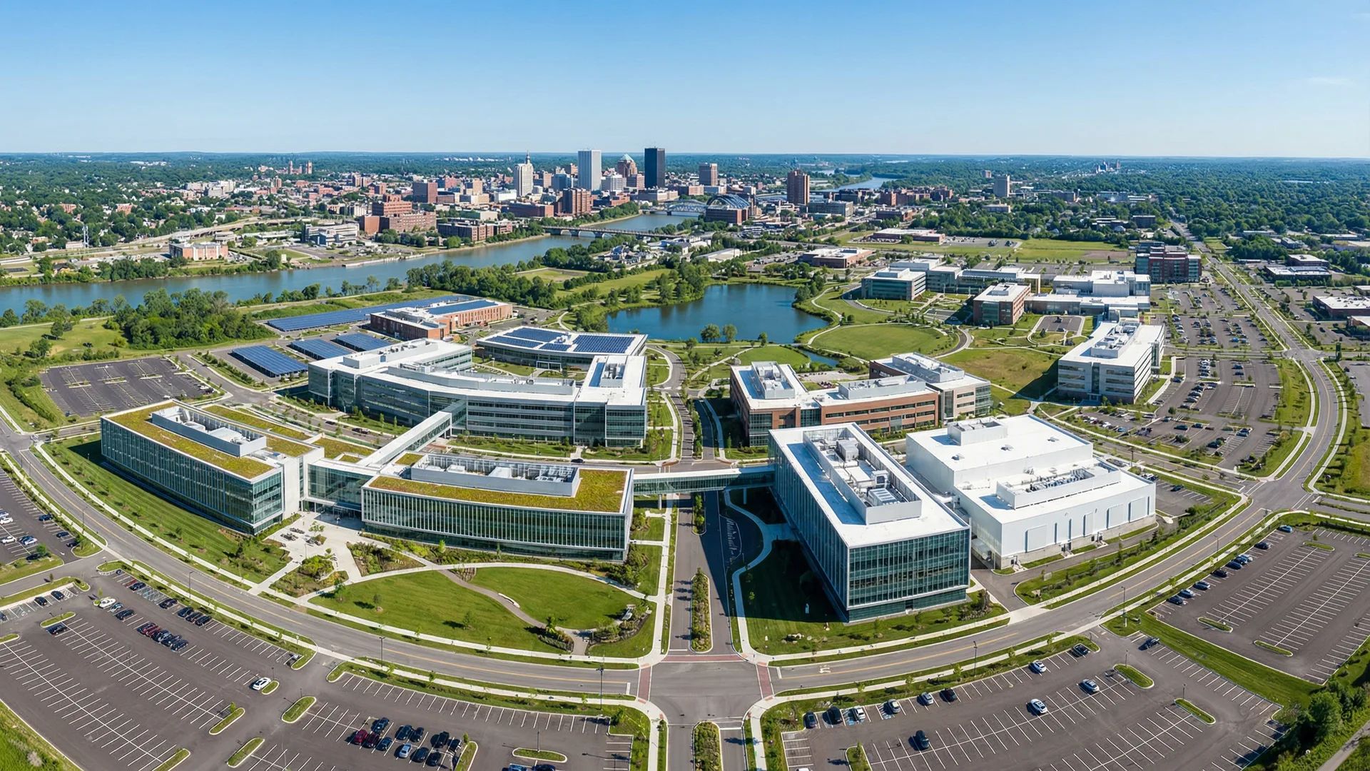V3 Bold Modern theme preview — aerial view of innovation campus