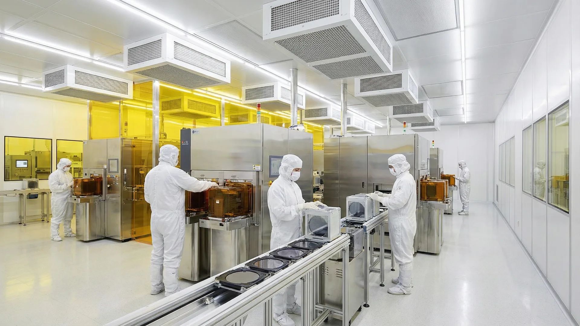 V1 Dark Industrial theme preview — cleanroom semiconductor facility